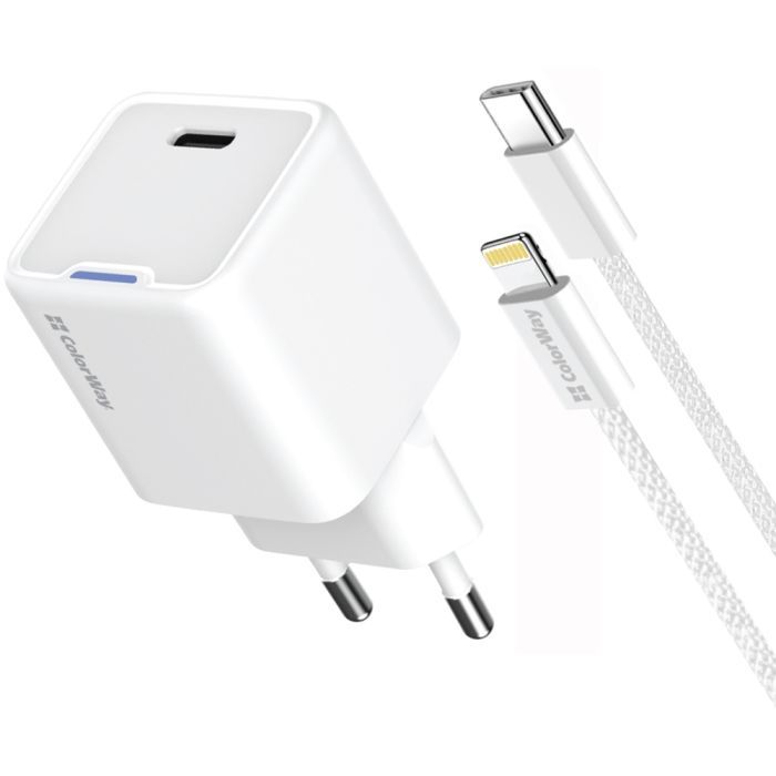 Зарядное устройство ColorWay C101D GaN Mini 20W PD PPS USB-C + cable USB-C to Lightning white (CW-CHS059PDL-WT)