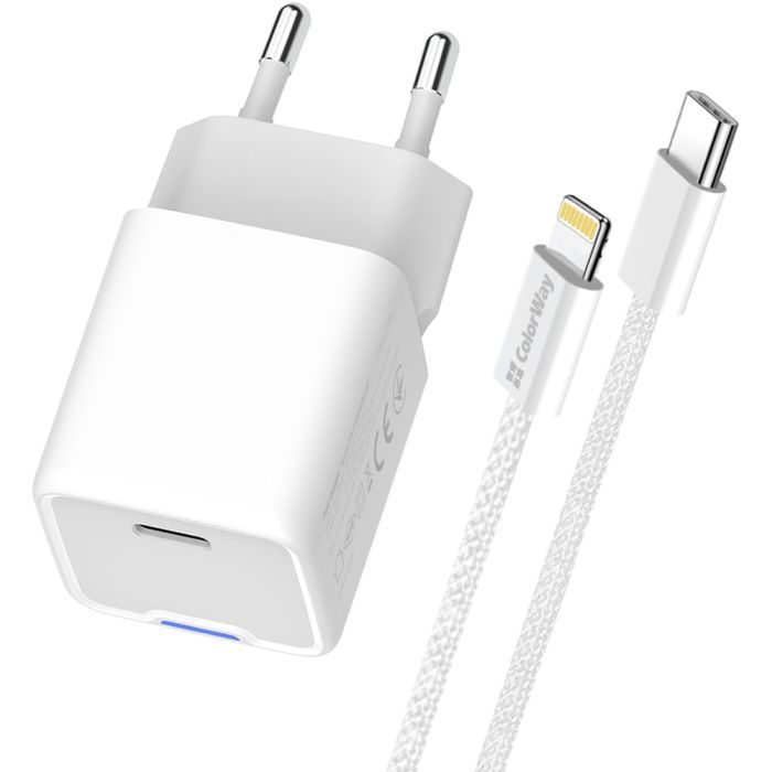 Зарядное устройство ColorWay C101D GaN Mini 20W PD PPS USB-C + cable USB-C to Lightning white (CW-CHS059PDL-WT) изображение 2