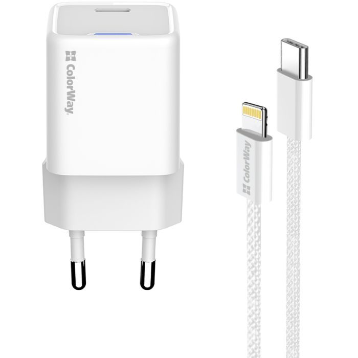 Зарядное устройство ColorWay C101D GaN Mini 20W PD PPS USB-C + cable USB-C to Lightning white (CW-CHS059PDL-WT) изображение 3