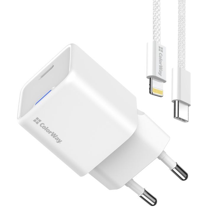 Зарядное устройство ColorWay C101D GaN Mini 20W PD PPS USB-C + cable USB-C to Lightning white (CW-CHS059PDL-WT) изображение 4