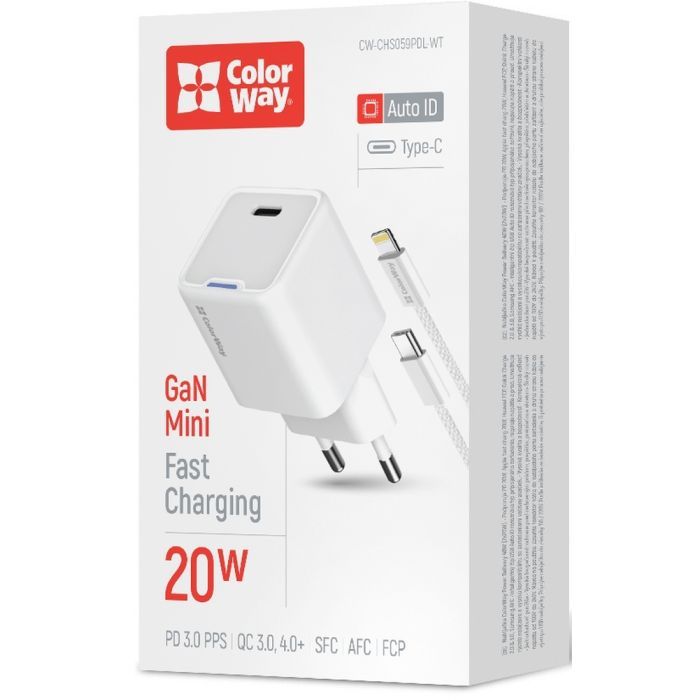 Зарядное устройство ColorWay C101D GaN Mini 20W PD PPS USB-C + cable USB-C to Lightning white (CW-CHS059PDL-WT) изображение 6