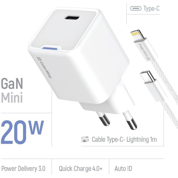 Зарядное устройство ColorWay C101D GaN Mini 20W PD PPS USB-C + cable USB-C to Lightning white (CW-CHS059PDL-WT) изображение 7