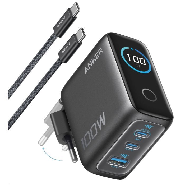 Зарядний пристрій Anker 2xUSB-C PD100W + 1xUSB GaN w Display + cable USB-C silver (B121BG41)