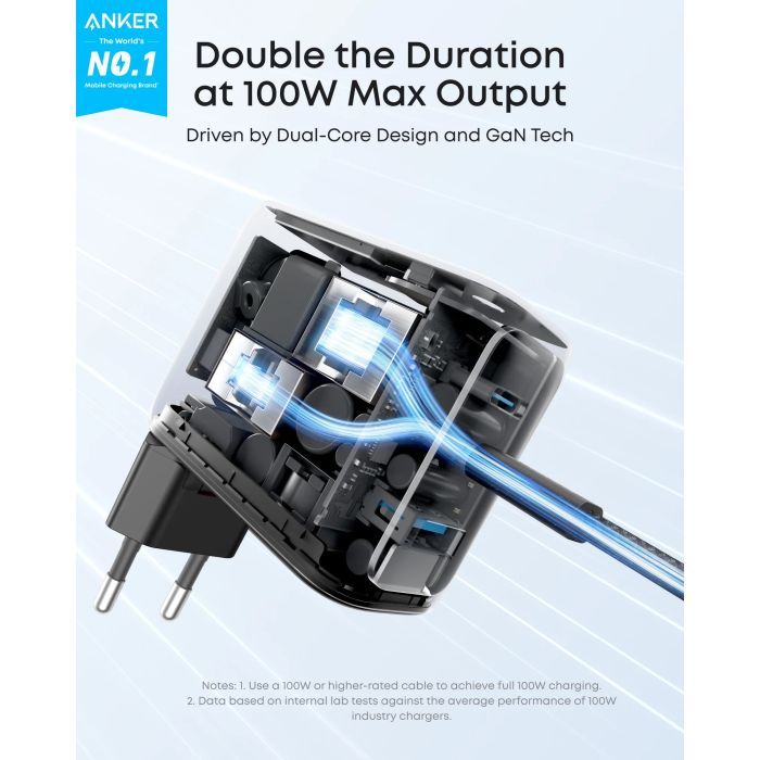 Зарядний пристрій Anker 2xUSB-C PD100W + 1xUSB GaN w Display + cable USB-C silver (B121BG41) зображення 5
