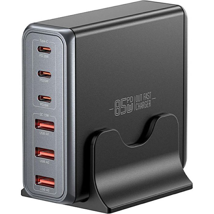 Зарядное устройство Essager 3xUSB-C + 3xUSB-A 85W GaN black (EZC85W-SXB0G-Z)