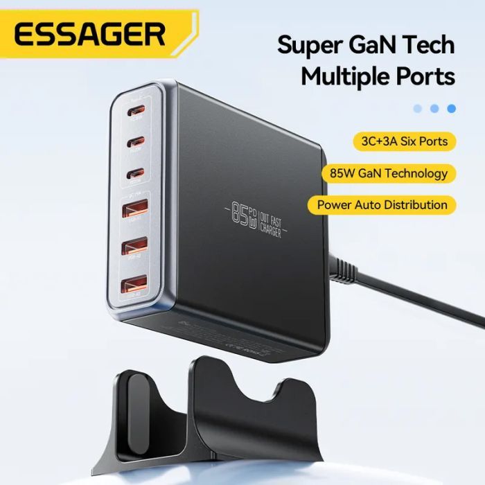 Зарядное устройство Essager 3xUSB-C + 3xUSB-A 85W GaN black (EZC85W-SXB0G-Z) изображение 4
