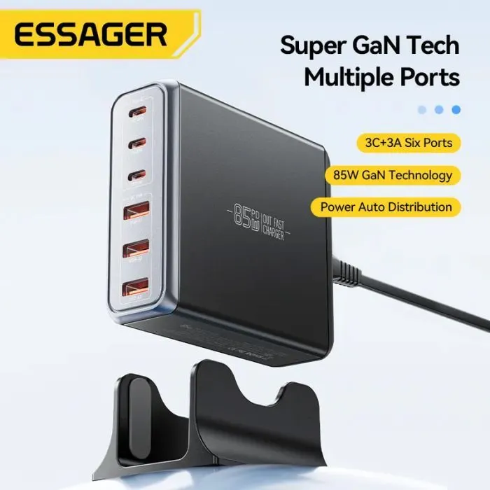 Зарядний пристрій Essager 3xUSB-C + 3xUSB-A 85W GaN black (EZC85W-SXB0G-Z) зображення 4