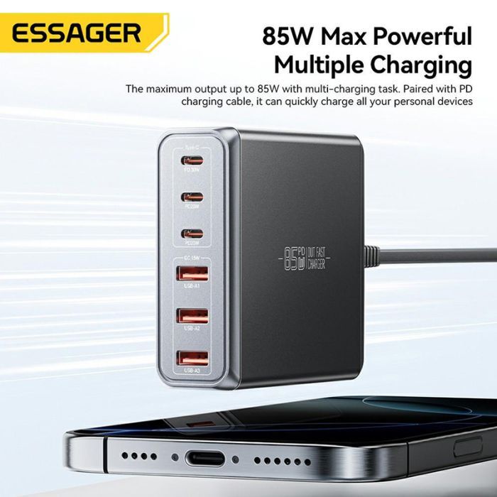 Зарядное устройство Essager 3xUSB-C + 3xUSB-A 85W GaN black (EZC85W-SXB0G-Z) изображение 5