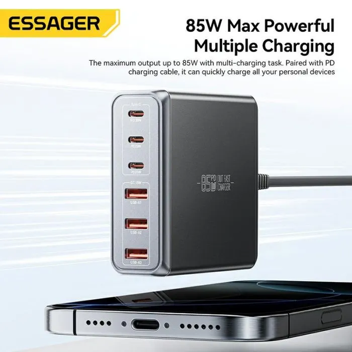 Зарядний пристрій Essager 3xUSB-C + 3xUSB-A 85W GaN black (EZC85W-SXB0G-Z) зображення 5