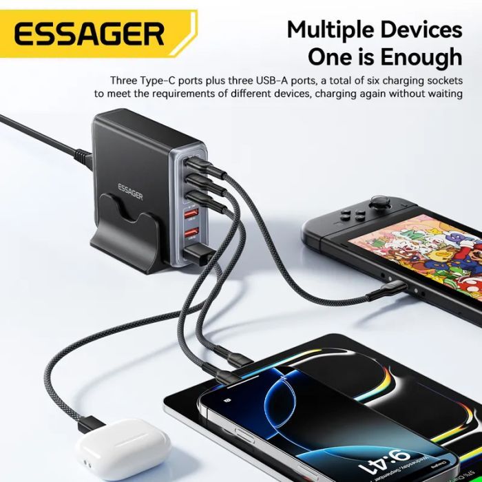 Зарядное устройство Essager 3xUSB-C + 3xUSB-A 85W GaN black (EZC85W-SXB0G-Z) изображение 6