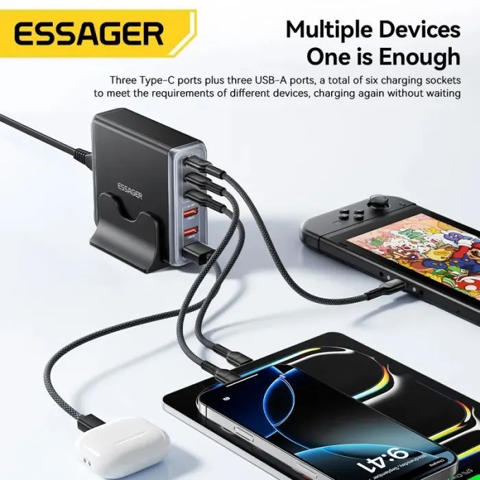 Зарядний пристрій Essager 3xUSB-C + 3xUSB-A 85W GaN black (EZC85W-SXB0G-Z) зображення 6