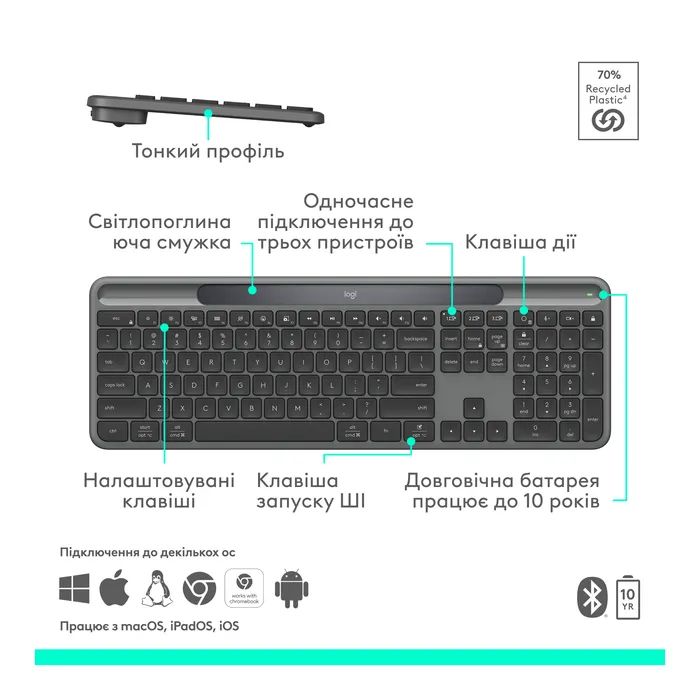 Клавиатура Logitech Slim Solar+ Bluetooth Graphite (920-013764) изображение 7
