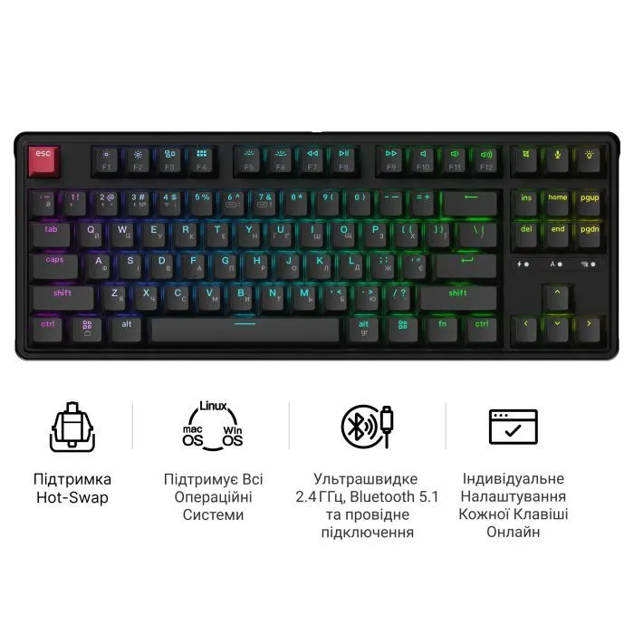 Клавиатура Keychron C3 Max Super Red Switch RGB Wireless/Bluetooth/USB UA Black (C3M-H1-UA) изображение 5
