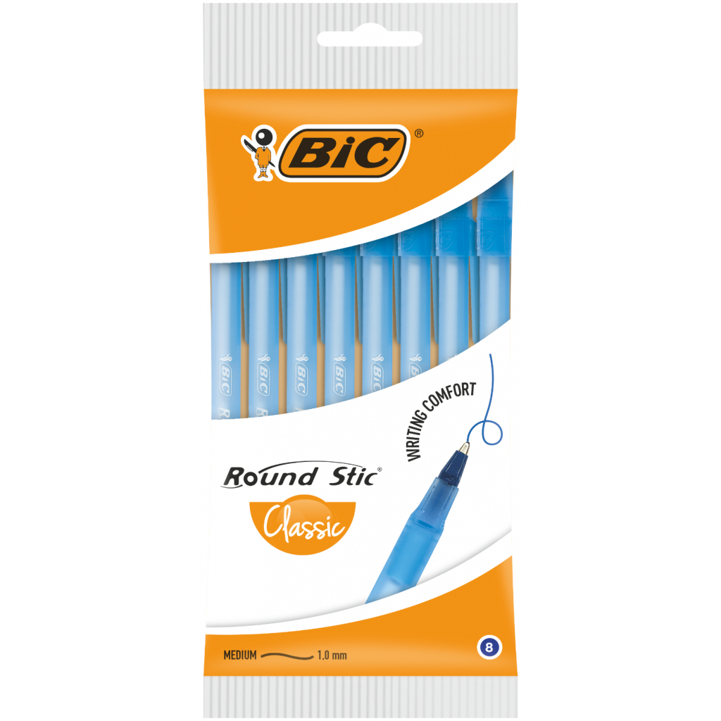 Ручка масляная Bic Round Stic, синяя, 8шт в блистере (bc928497)