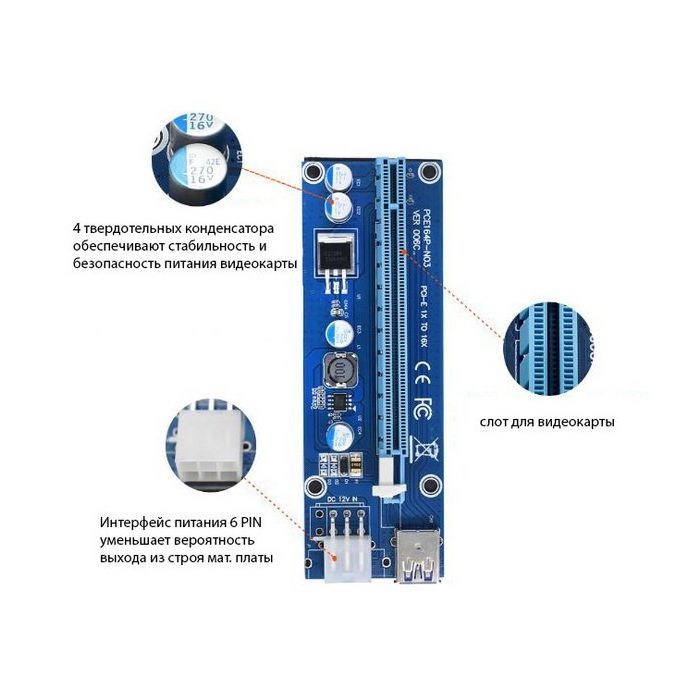 Райзер PCI-E x1 to 16x 60cm USB 3.0 Cable SATA to 6Pin Power v.006C Dynamode (RX-riser-006c 6 pin) зображення 5
