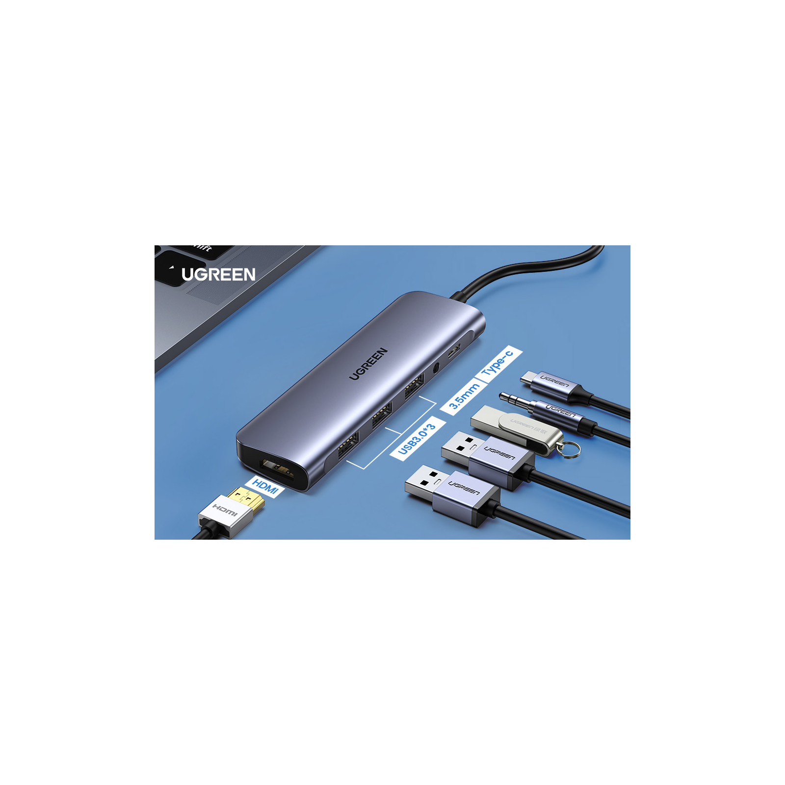 Концентратор Ugreen USB3.0 Type-C to USB 3.0x3/HDMI/jack 3.5mm/PD CM136 (80132) зображення 2