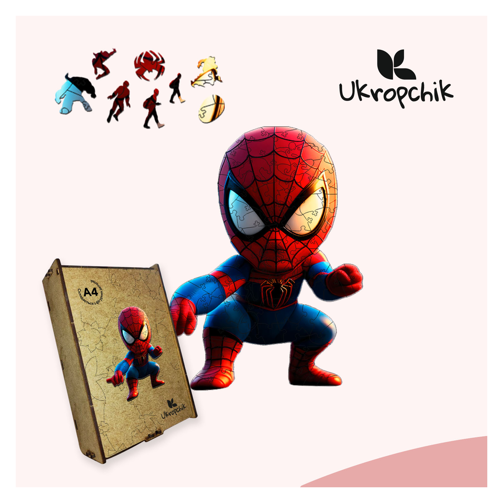 Пазл Ukropchik дерев'яний Супергерой Спайді size - M в коробці з набором-рамкою (Spider-Man Superhero A4) зображення 5