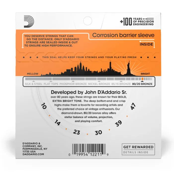 Струны для гитары D'Addario Bronze 80/20 Extra Light (10-47) (EJ10) изображение 3