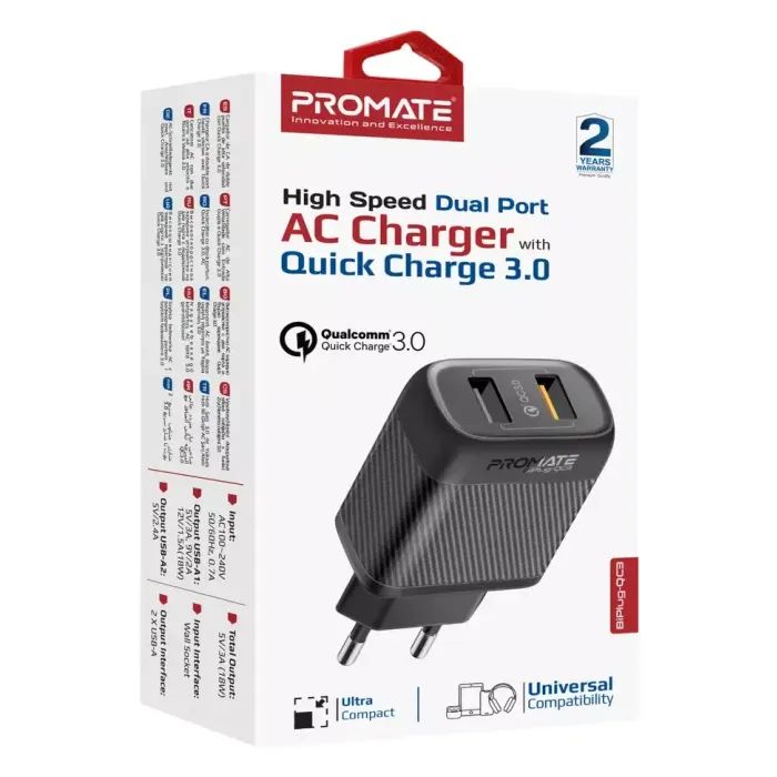 Зарядний пристрій Promate biplug-qc3.eu-bk зображення 2