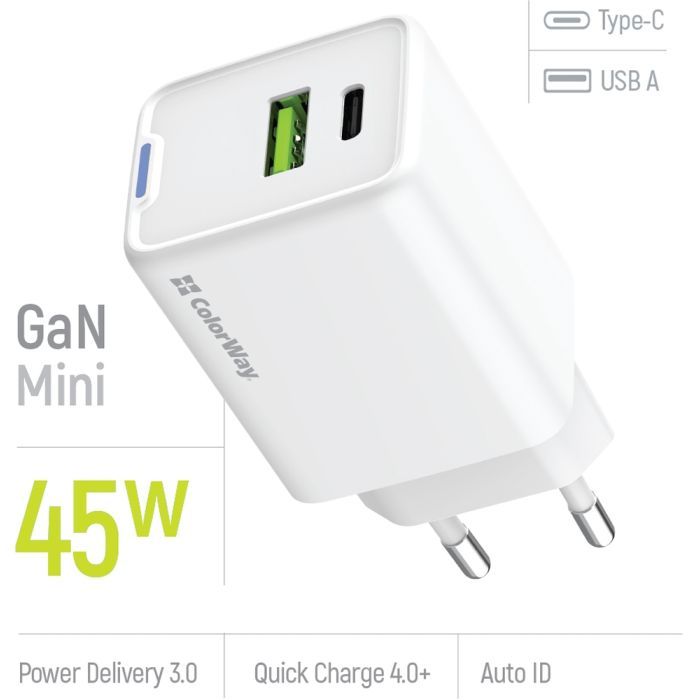 Зарядний пристрій ColorWay C101E GaN Mini 45W PD PPS USB-C + USB-A QC4.0 white (CW-CHS060PD-WT) зображення 7
