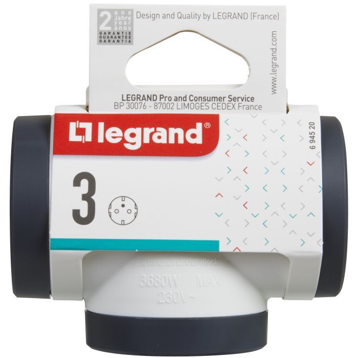 Сетевой разветвитель LEGRAND ПРЕМІУМ 3х2К+З бокові розетки, колір Білий/Чорний (694520) изображение 4