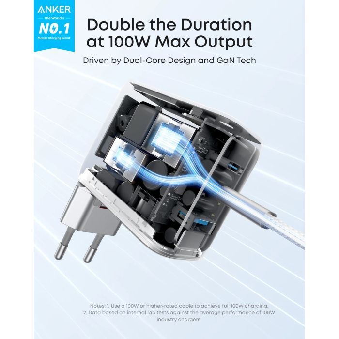 Зарядний пристрій Anker 2xUSB-C PD100W + 1xUSB GaN w Display + cable USB-C silver (B121BG41) зображення 2