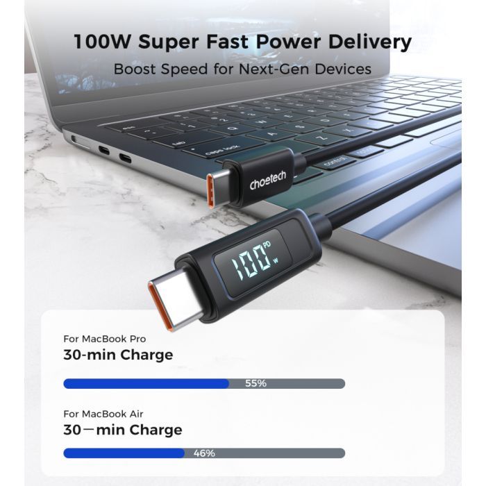 Дата кабель USB-C to USB-C 1.2m PD100W digital display silicone Choetech (XCC-1064) зображення 4