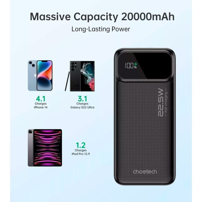 Батарея универсальная Choetech 20000mAh, PD/22.5W, QC/3.0, AFC Samsung, LED (B729) изображение 4