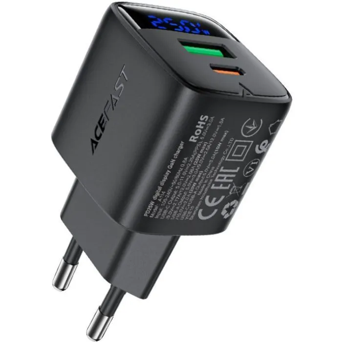 Зарядное устройство Acefast 1xUSB-C + 1xUSB 25W GaN with digital display black (6974316284437)