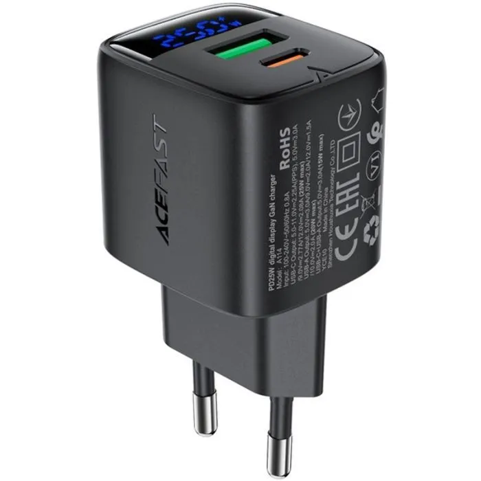 Зарядний пристрій Acefast 1xUSB-C + 1xUSB 25W GaN with digital display black (6974316284437) зображення 2