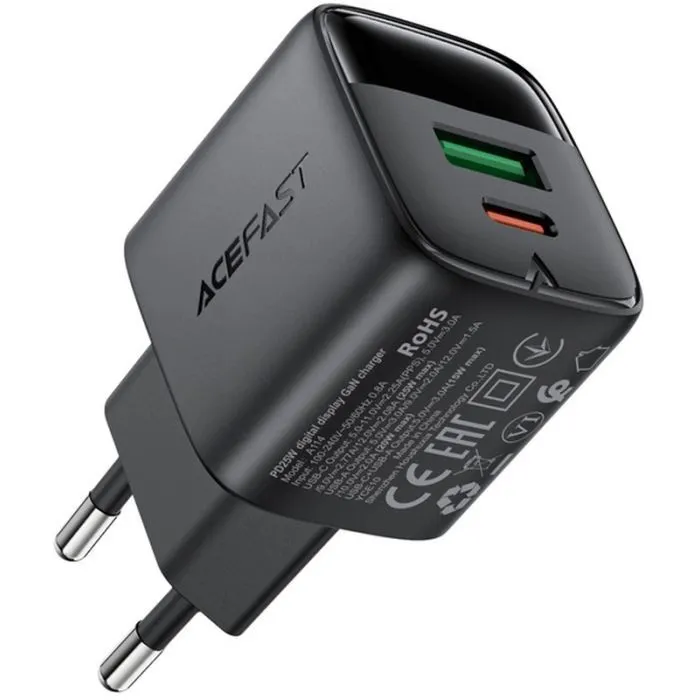 Зарядний пристрій Acefast 1xUSB-C + 1xUSB 25W GaN with digital display black (6974316284437) зображення 3