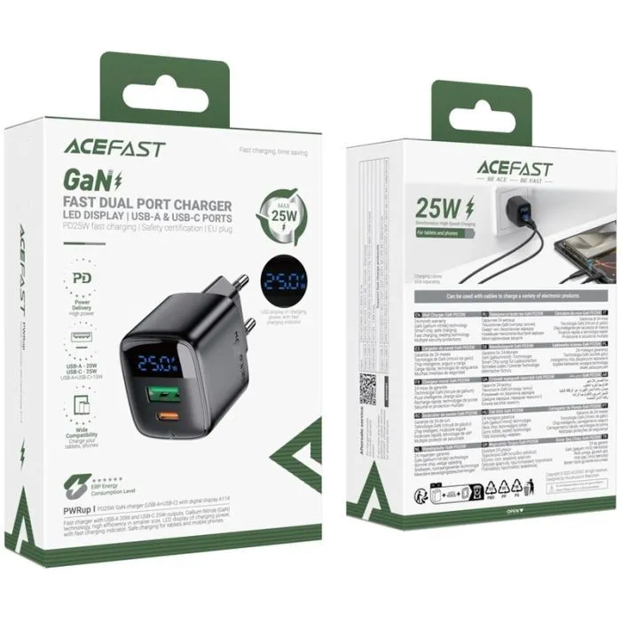 Зарядний пристрій Acefast 1xUSB-C + 1xUSB 25W GaN with digital display black (6974316284437) зображення 6