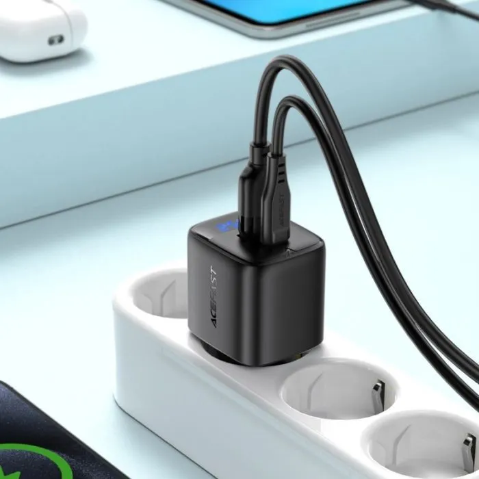 Зарядний пристрій Acefast 1xUSB-C + 1xUSB 25W GaN with digital display black (6974316284437) зображення 8