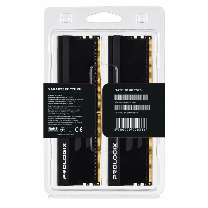 Модуль памяти для компьютера DDR4 16GB (2x8GB) 3600 MHz Onyx Black Prologix (PRO16GB3600YB4K) изображение 5