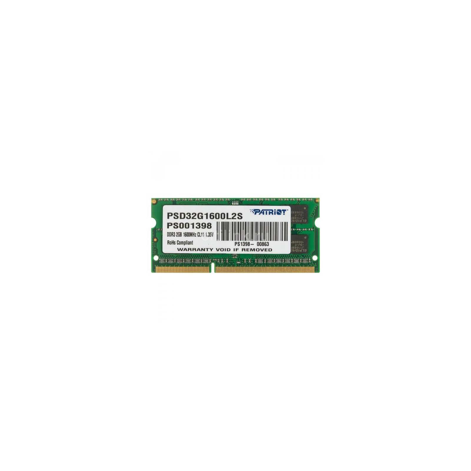 Модуль памяти для ноутбука SoDIMM DDR3L 2GB 1600 MHz Patriot (PSD32G1600L2S)