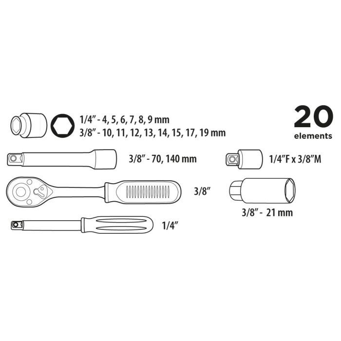 Набір інструментів Top Tools змінних головок 1/4", 3/8" 20 од. (38D520) зображення 2