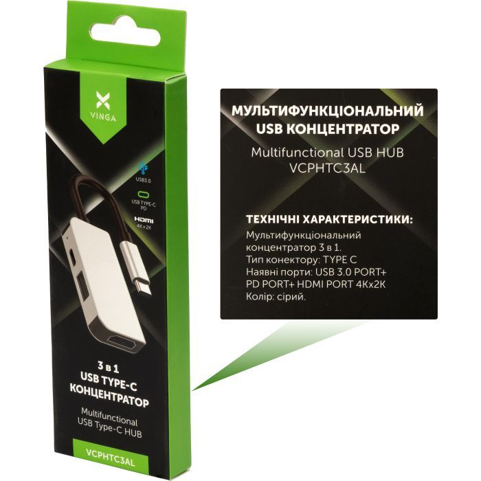 Концентратор Vinga Type-C to 4K HDMI+USB3.0+PD aluminium (VCPHTC3AL) зображення 3