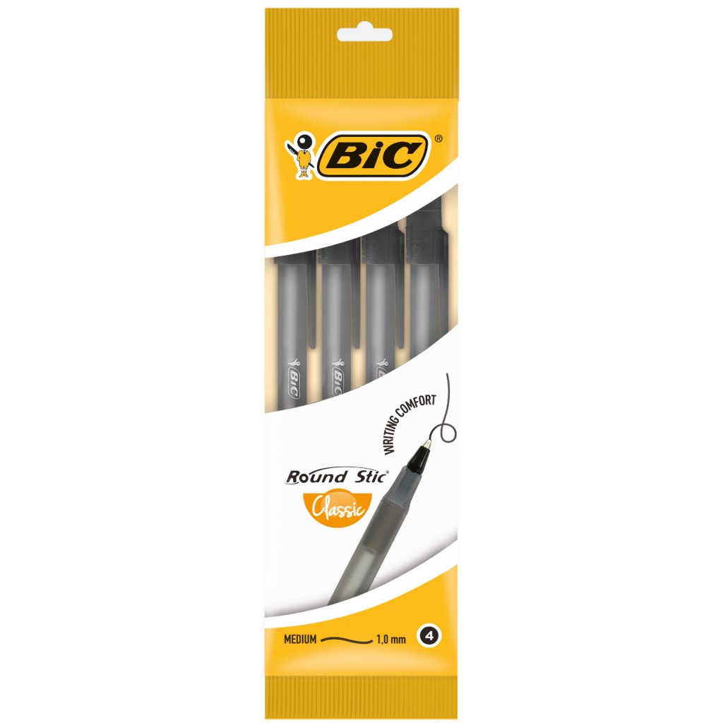 Ручка масляная Bic Round Stic, черная, 4шт в блистере (bc944177)