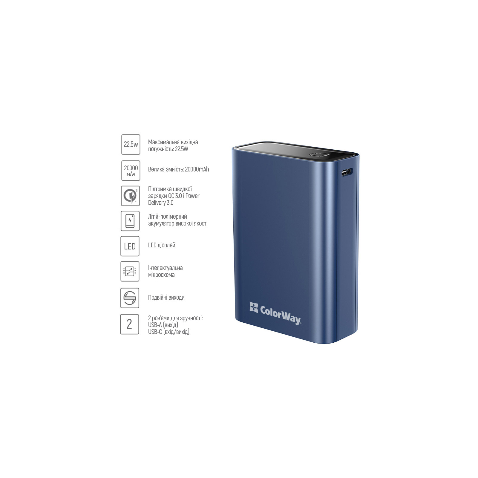 Батарея универсальная ColorWay 20 000 mAh PD/20W, QC/3.0, USB-C/USB-A max.22.5W Blue (CW-PB200LPG2BL-PDD) изображение 6