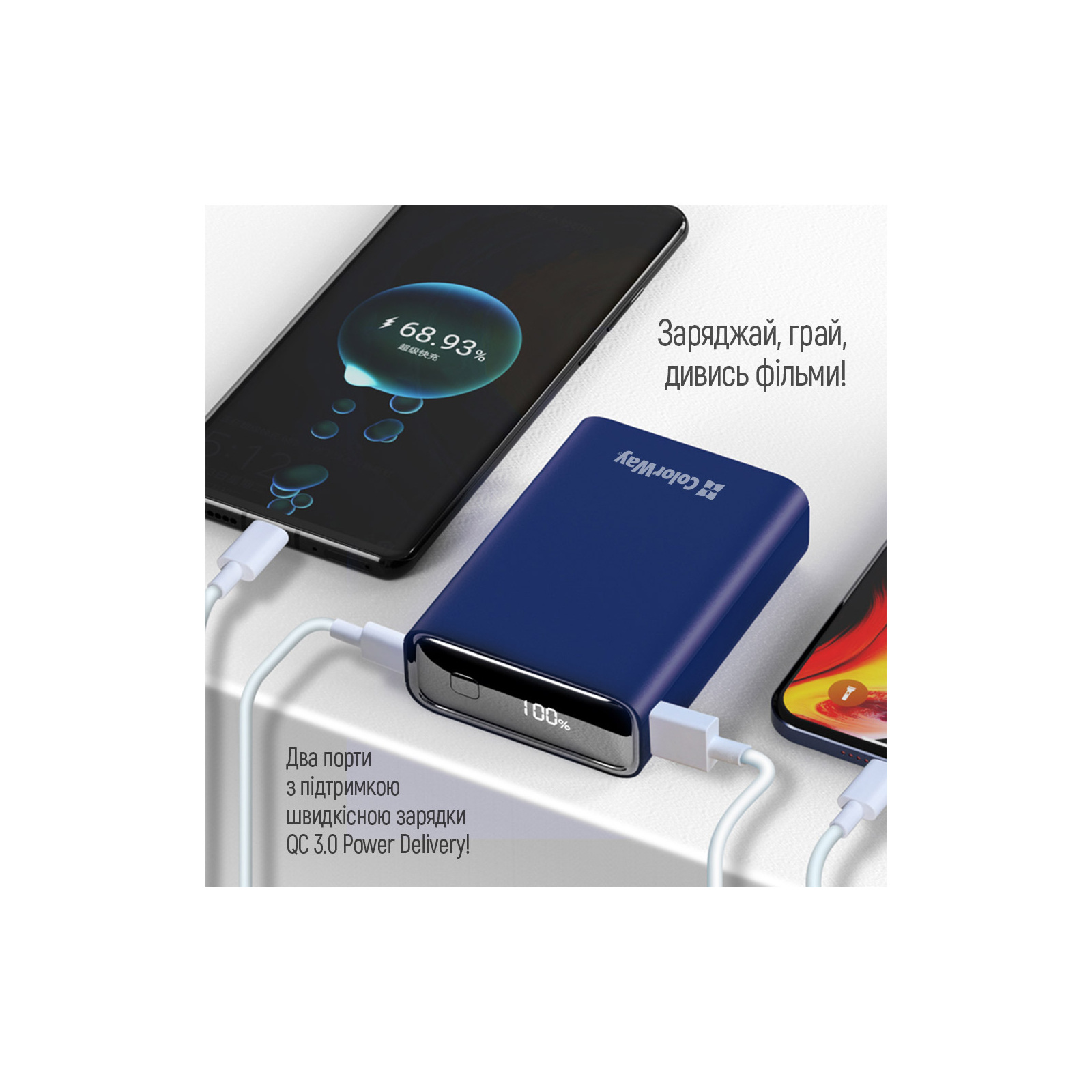 Батарея универсальная ColorWay 20 000 mAh PD/20W, QC/3.0, USB-C/USB-A max.22.5W Blue (CW-PB200LPG2BL-PDD) изображение 9