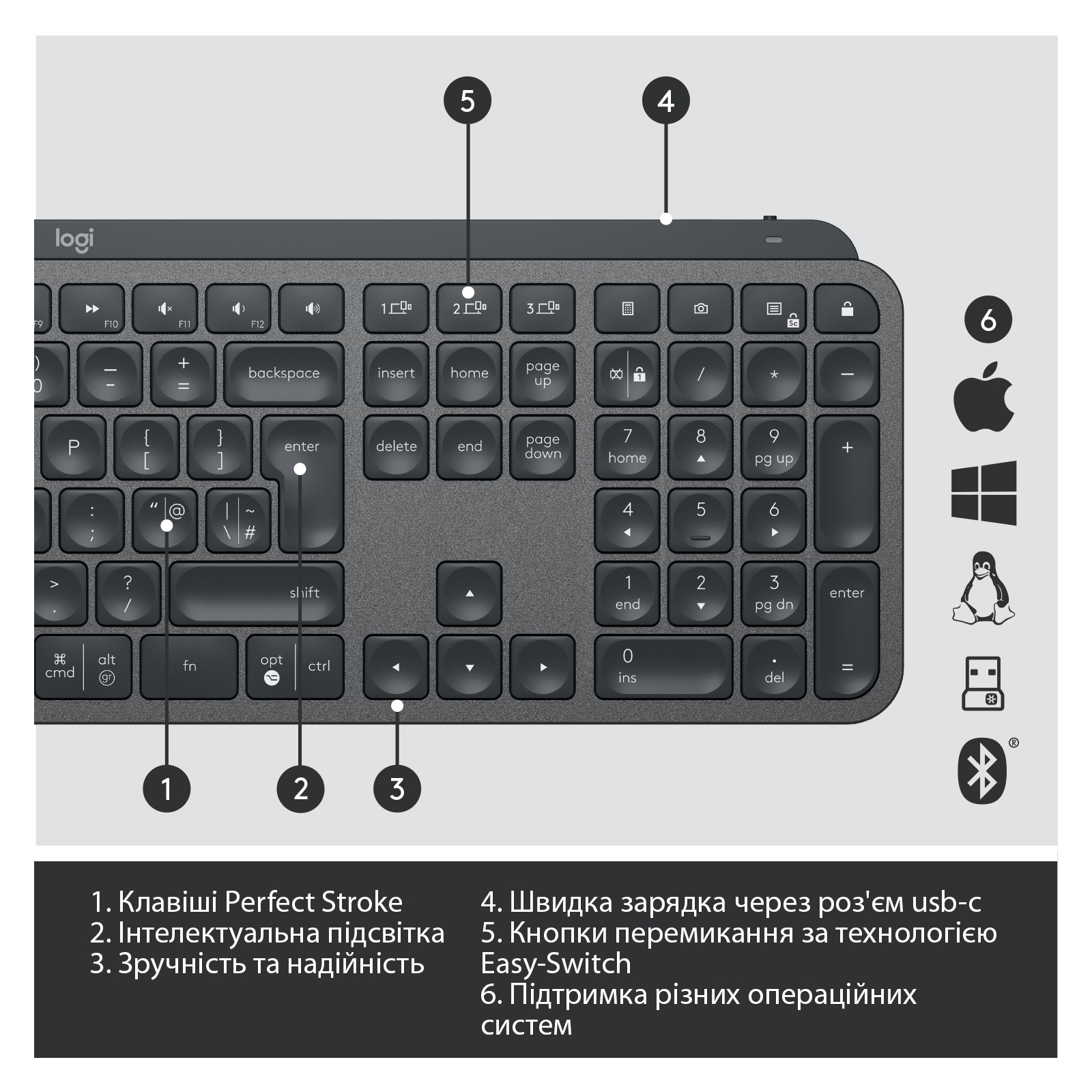 Клавиатура Logitech MX Keys Advanced for Business Wireless Illuminated UA Graphite (920-010251) изображение 10