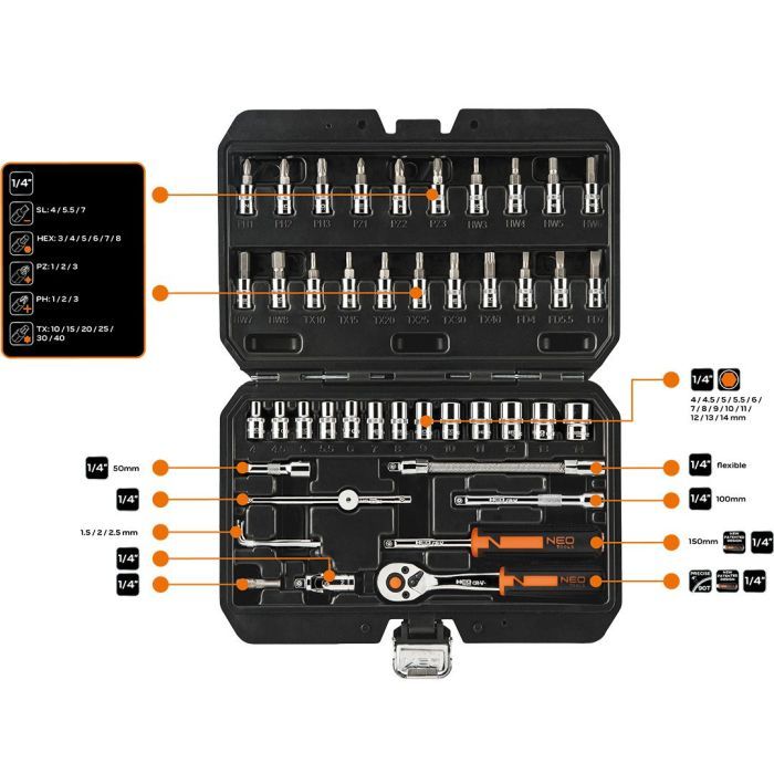 Набор инструментов Neo Tools 46шт, 1/4", CrV, кейс (10-004) изображение 2