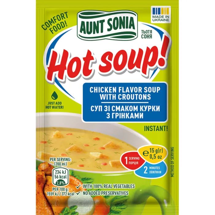 Пища быстрого приготовления Тьотя Соня Суп куриный с гренками 15 г (4820015102911)
