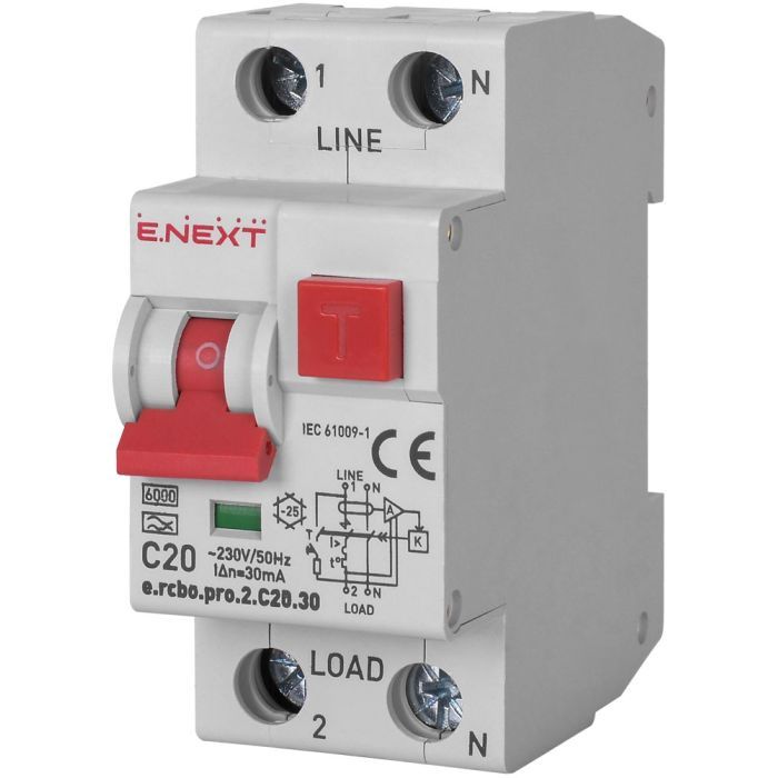 Диференціальний автоматичний вимикач E.NEXT 1-п.+N e.rcbo.pro. C 20А 30мА (p0720027)