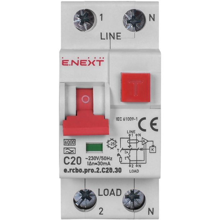 Диференціальний автоматичний вимикач E.NEXT 1-п.+N e.rcbo.pro. C 20А 30мА (p0720027) зображення 2