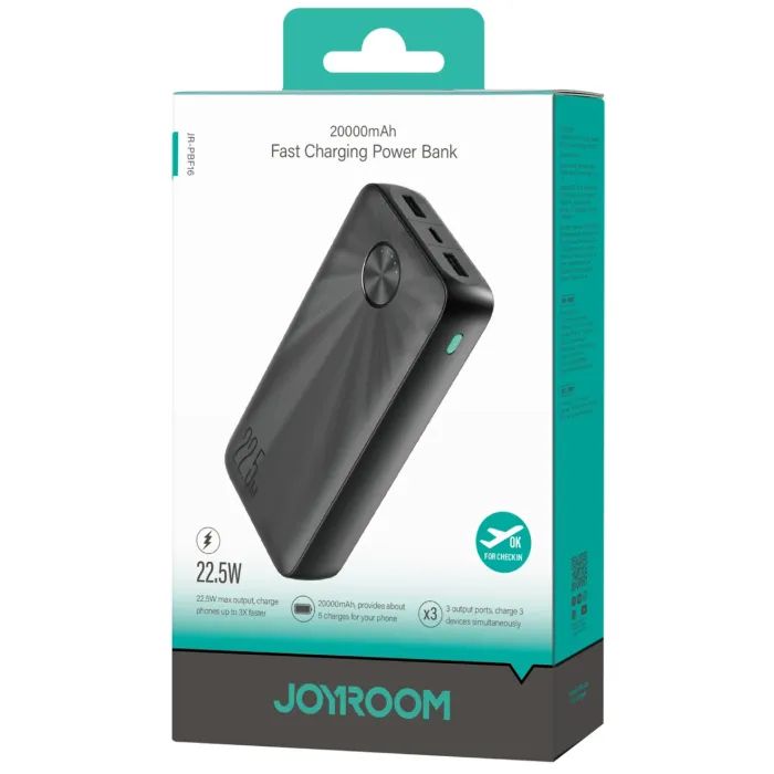 Батарея універсальна JOYROOM 20000mAh 22,5W PD, QC/3.0, 2*USB-A, USB-C In/Out Black (JR-PBF16) зображення 2