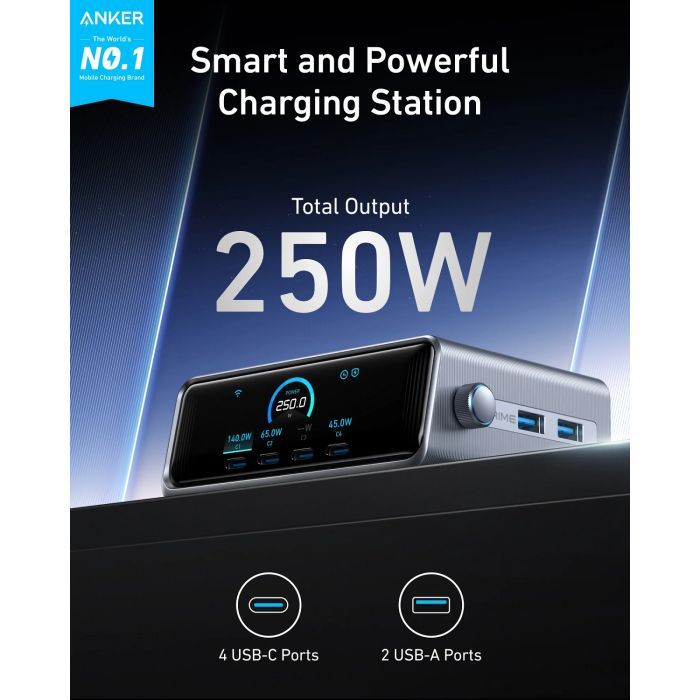 Зарядное устройство Anker 4xUSB-C PD250W + 2xUSB GaNPrime black (A2345341) изображение 5
