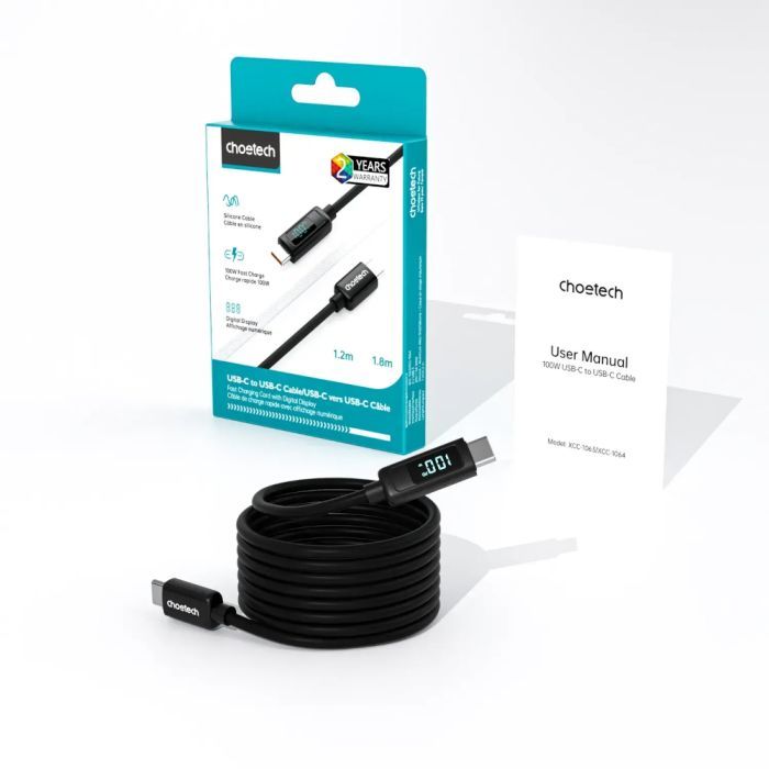 Дата кабель USB-C to USB-C 1.8m PD100W digital display silicone Choetech (XCC-1063) зображення 3