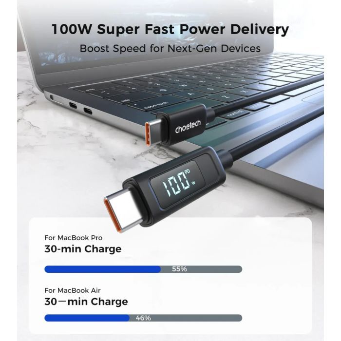 Дата кабель USB-C to USB-C 1.8m PD100W digital display silicone Choetech (XCC-1063) зображення 4