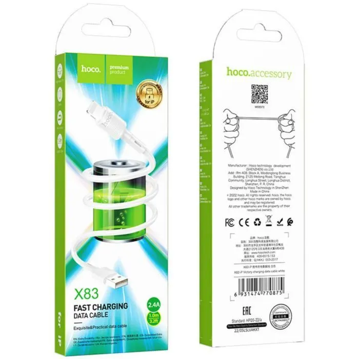 Дата кабель USB 2.0 AM to Lightning 1.0m 2.4A X83 white HOCO (6931474770875) изображение 2